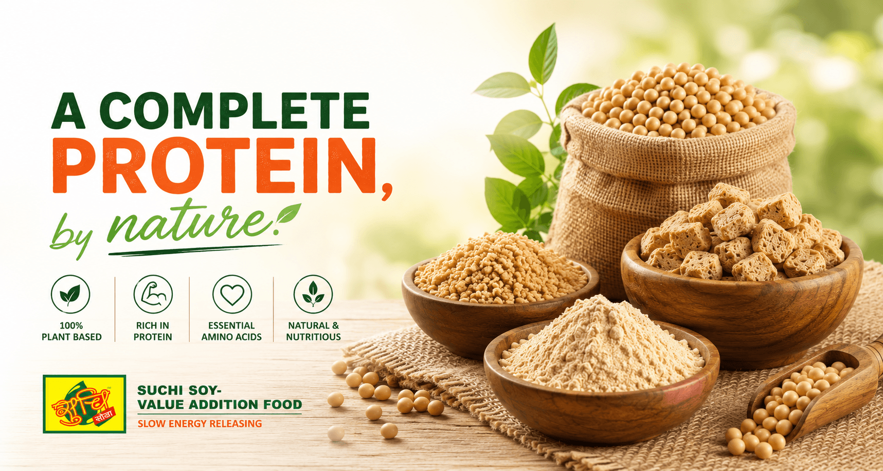 A complete protein, by nature, soybeans, soy flour and TVP from Suchi Soy